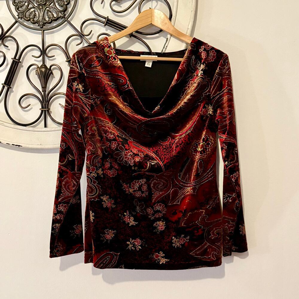 vtg Y2K Coldwater Creek Burnout Velvet Cowl-Neck Whimsigoth Holiday Top Medium - Picture 6 of 7